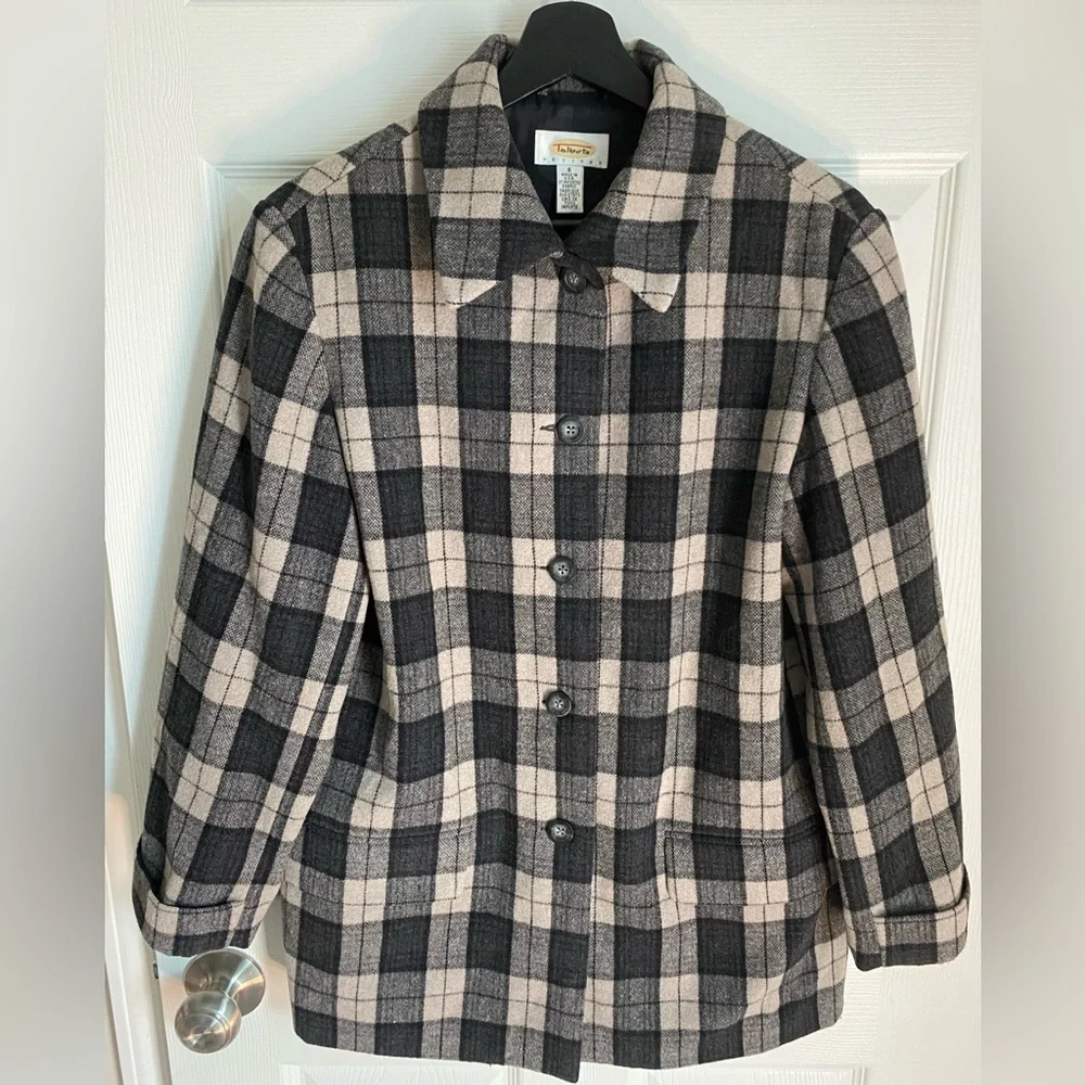 Talbots Petites Womens Lightweight Wool Blend Black/Gray/Beige Plaid Jacket Sz S